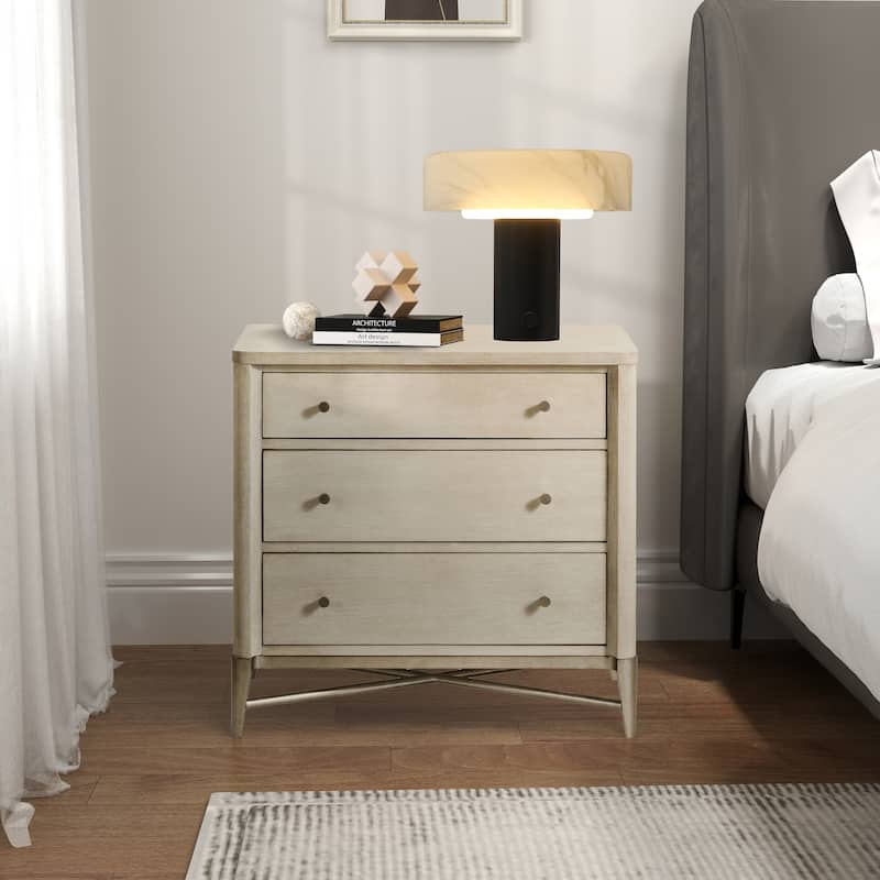 Roundhill Furniture Mantalia Solid Wood 3-Drawer Nightstand with Metal Frame, Champagne