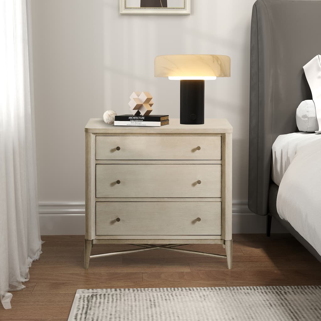 Roundhill Furniture Mantalia Solid Wood 3-Drawer Nightstand with Metal Frame, Champagne