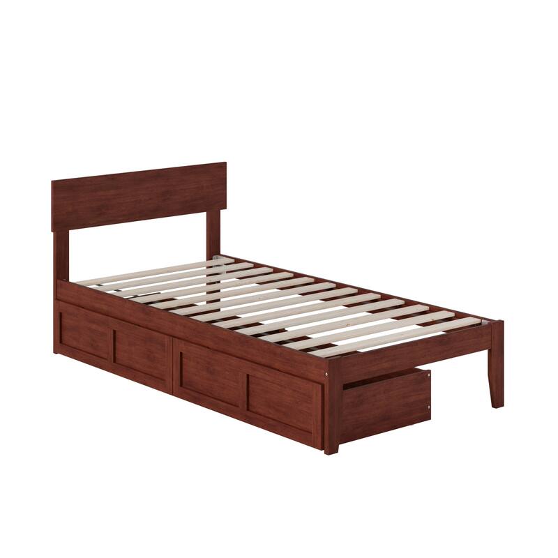Twin Platform Bed with Storage - Modern Walnut Bed Frame & Headboard - No Box Spring Needed