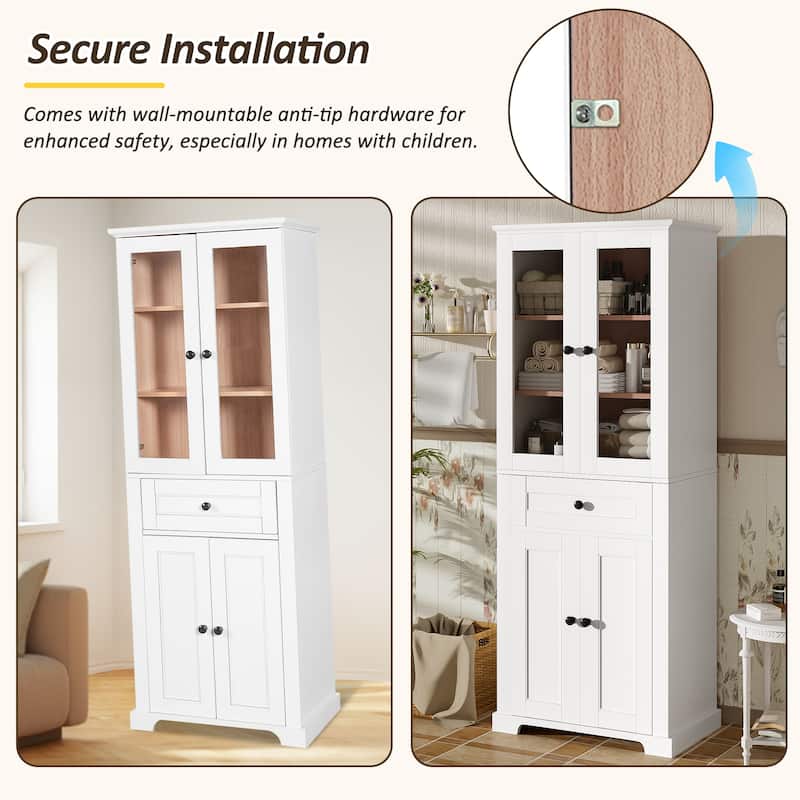 67.2" Tall Bathroom Storage Cabinet - Tempered Glass Doors, Adjustable Shelves & Drawer, Soft-Close Linen Tower