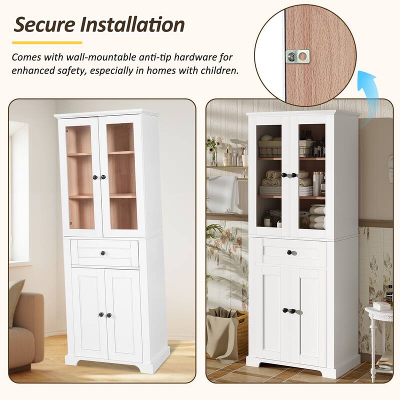 67.2" Tall Bathroom Storage Cabinet With Tempered Glass Doors, Adjustable Shelves & Drawer,Soft-Close Design