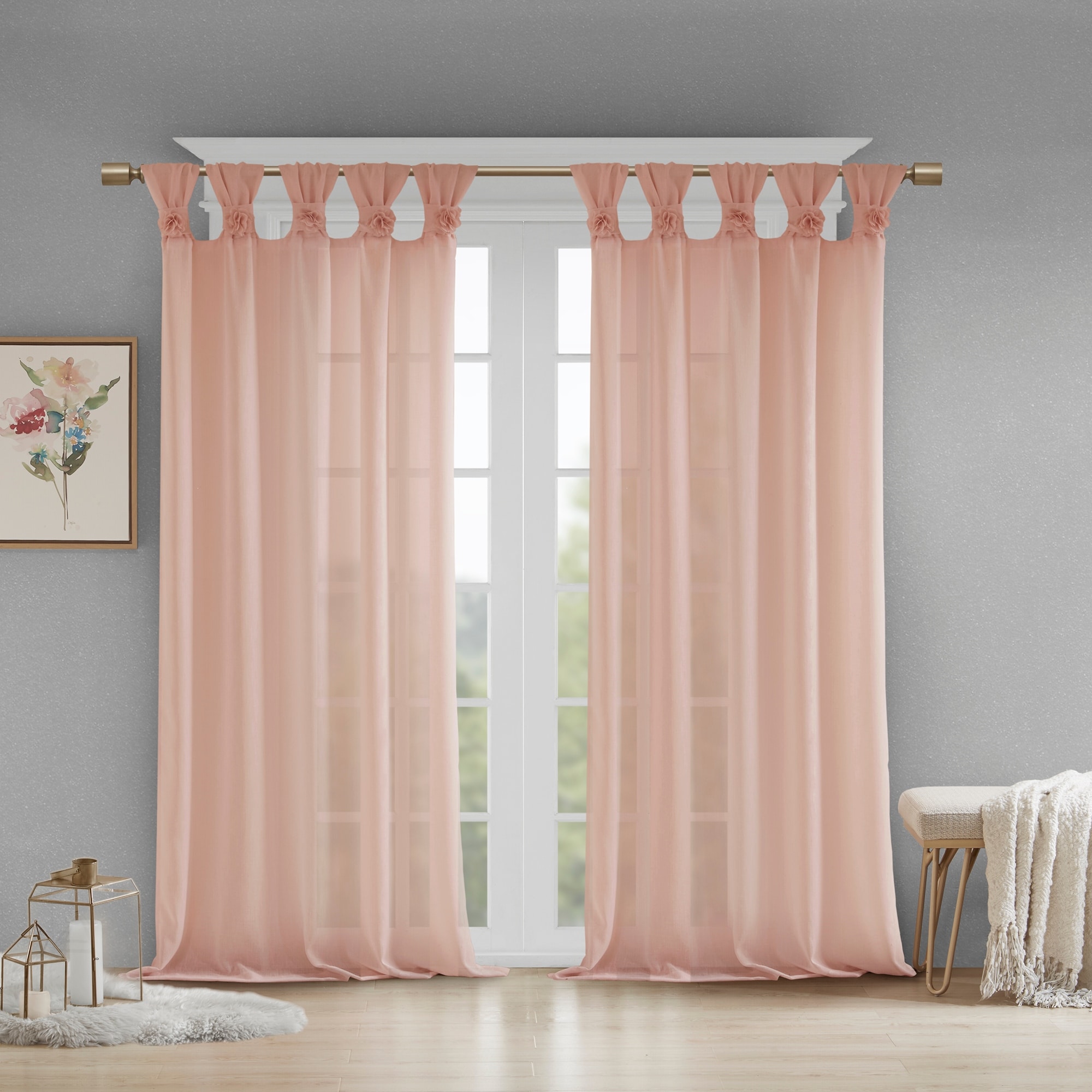 Madison Park Florah Floral Embellished Cuff Tab Top Solid Single Curtain Panel