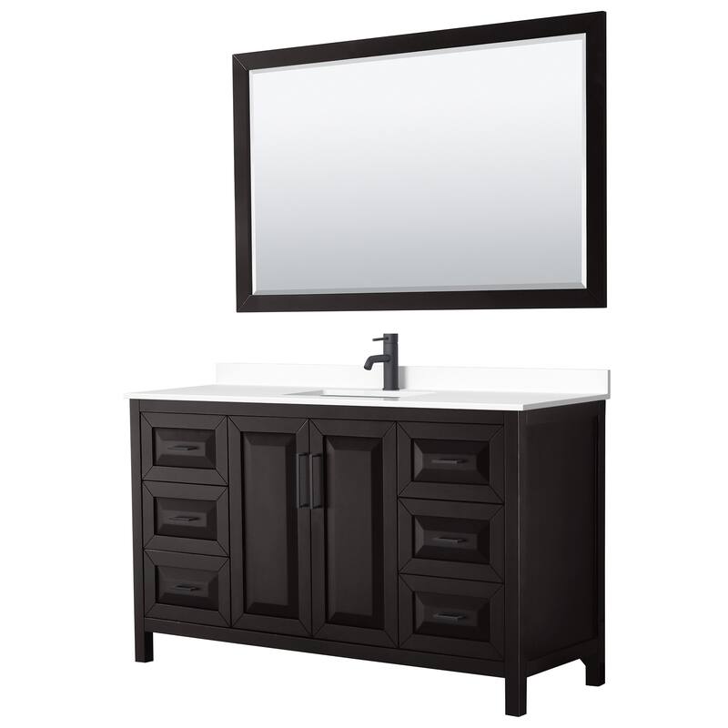 Daria 60 Inch Single Vanity, Cultured Marble Top, 58 Inch Mirror - Dk Espresso, Black Trim, White Cultured Marble Top