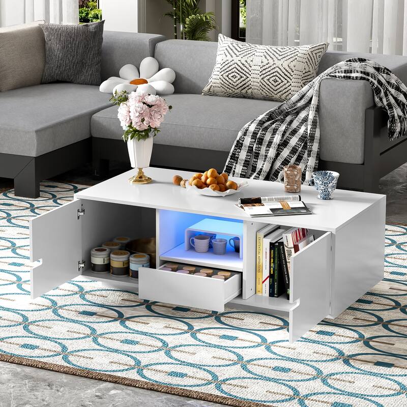 Roomfitters Modern Glossy Coffee Table with Storage Space and Light Accent, Rectangle Center Table for Living Room