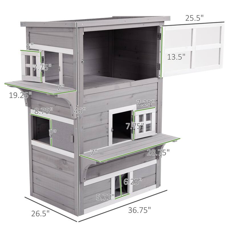 PawHut 3-Story Cat House Feral Cat Shelter, Outdoor Kitten Condo - Grey
