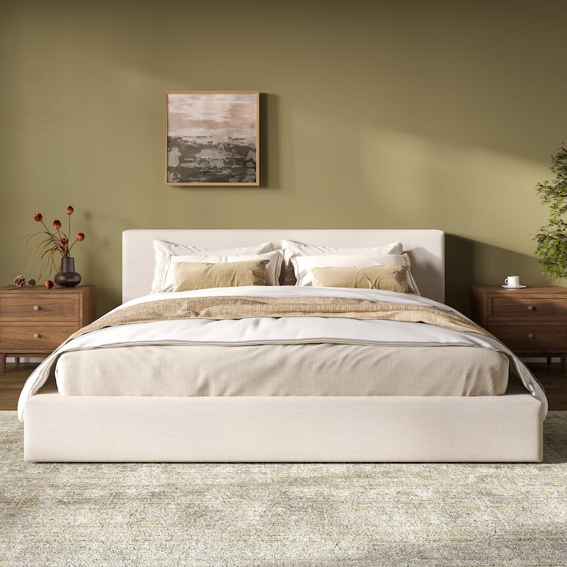 King Size Low Profile Bed with Linen Thick Headboard and Footboard, Beige Linen Fabric Upholstered Platform Bed
