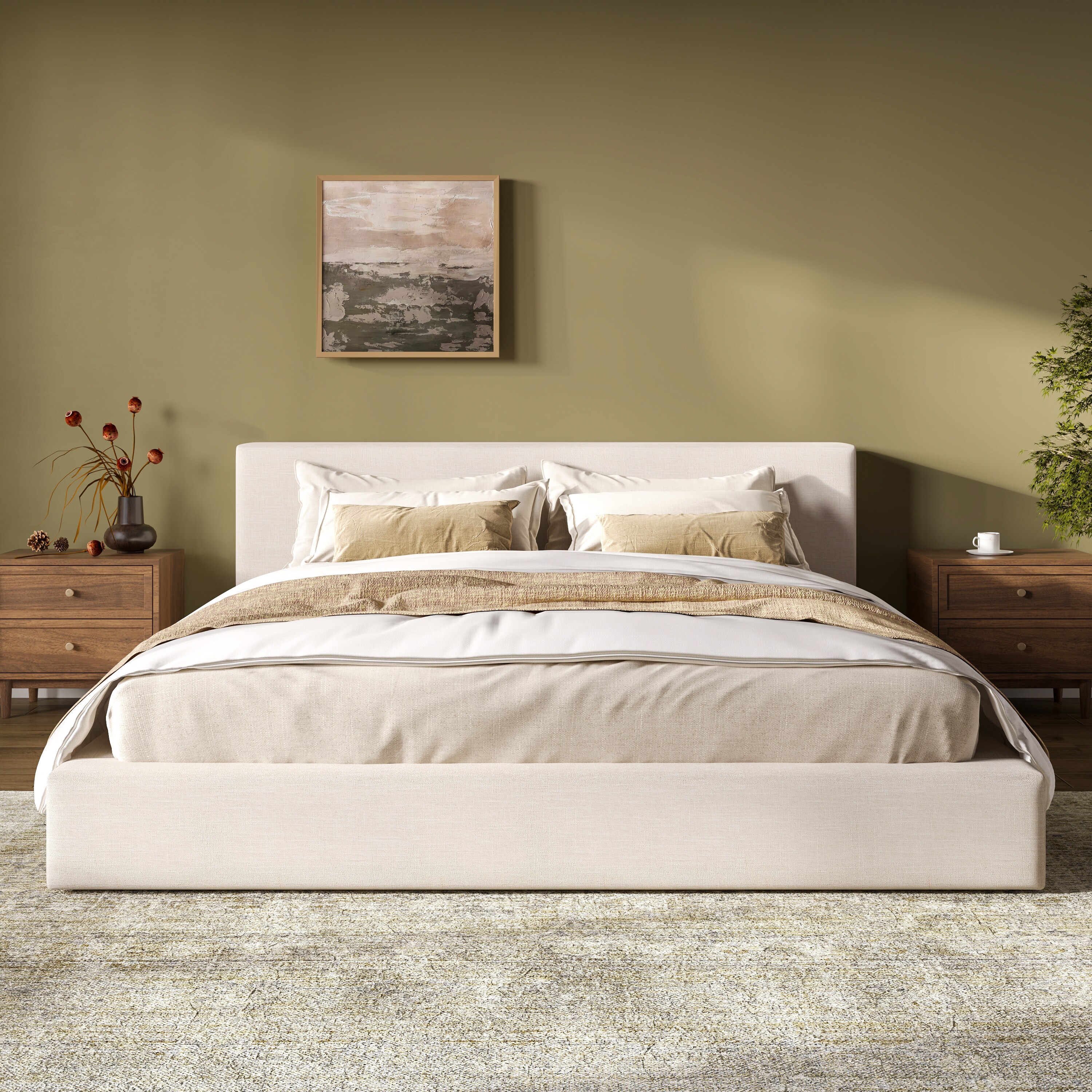 King Size Upholstered Platform Bed With Linen Thick Headboard Footboard Beige Finish