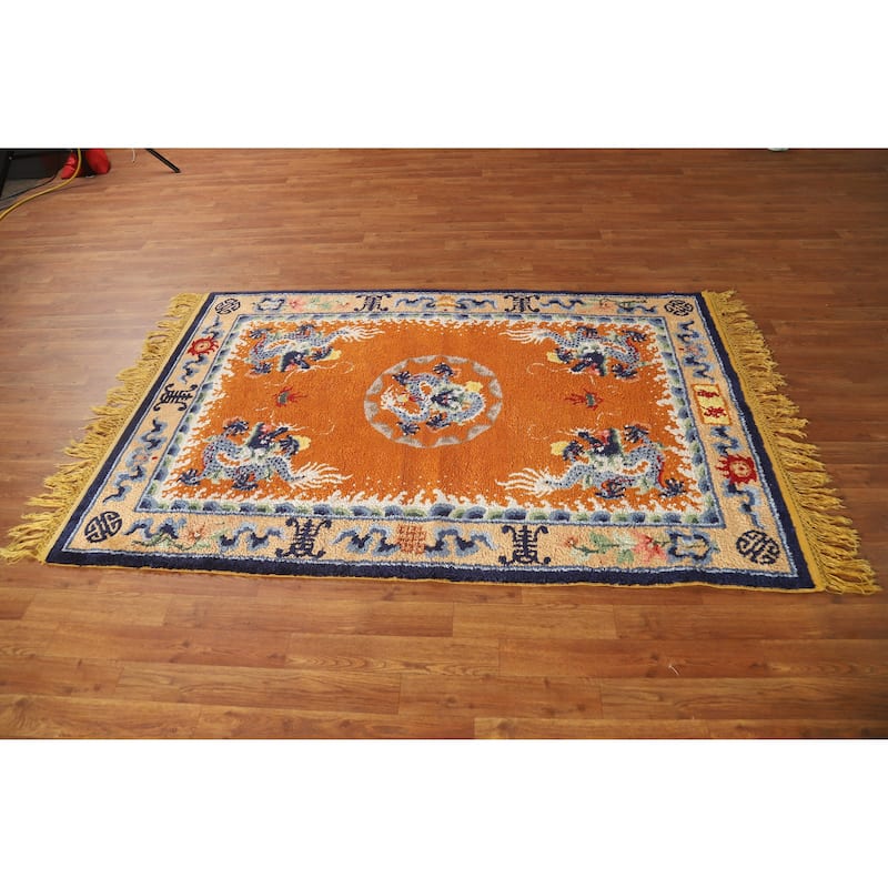 Hand Knotted Oriental Silk Carpet Traditional Medallion Oranges & Rust Art Deco Area Rug - 6' 2'' X 4' 0''