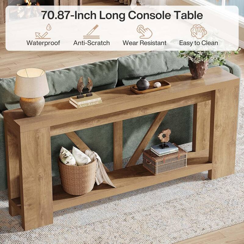 70.9 Inches Extra Long Console Table, 2 Tiers Farmhouse Entryway Sofa Table