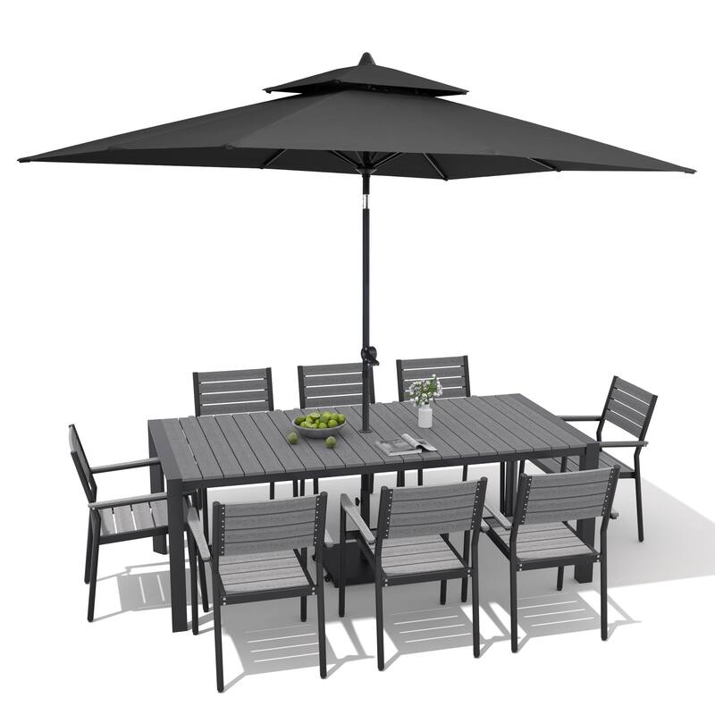 9/11-Piece Patio Dining Set Aluminum Dining Table and Chairs w/10 ft Market Umbrella and Base with Wheels