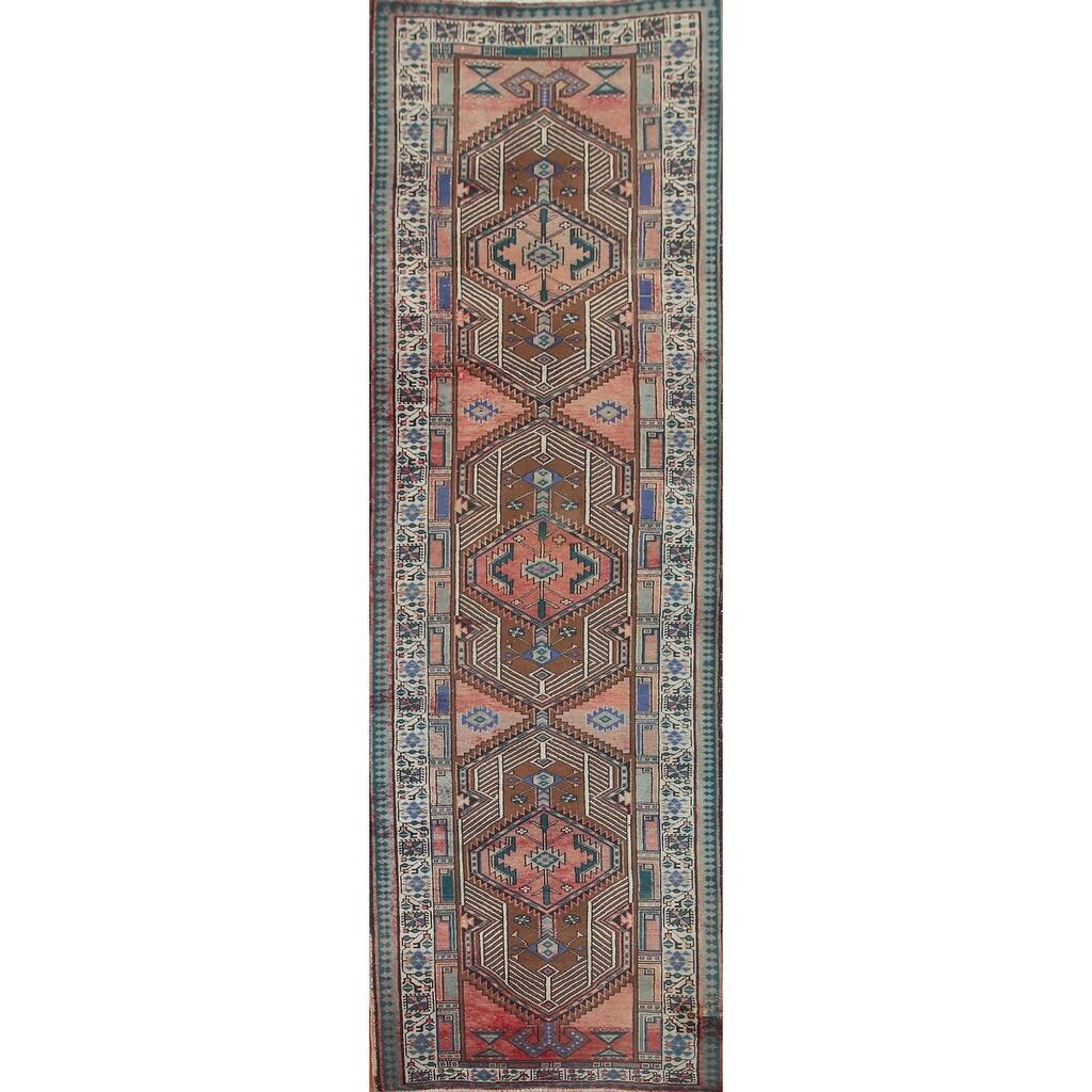 Vintage Geometric Ardebil Persian Runner Rug Handmade Wool Carpet - 3'3" x 10'10"