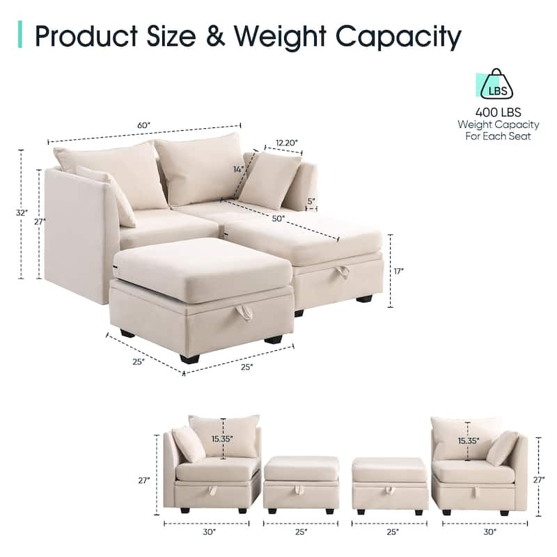 Modern Double Seating Sectional Sofa With Ottoman and Storage Space