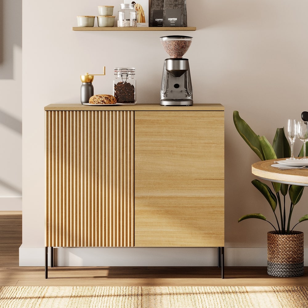 31.5" Wooden Reeded Sideboard With 2 Doors, Modern Credenza Storage Cabinet