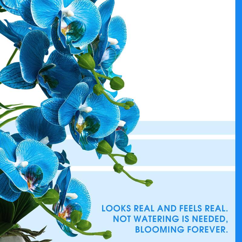 Artificial Orchid Plants and Flowers with Vase, Fake Faux Orchid in Ceramic Pot,19", Blue