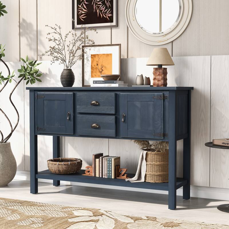 48" Retro Solid Wood Sideboard Console Table with 2 Drawers and Cabinets and Bottom Shelf