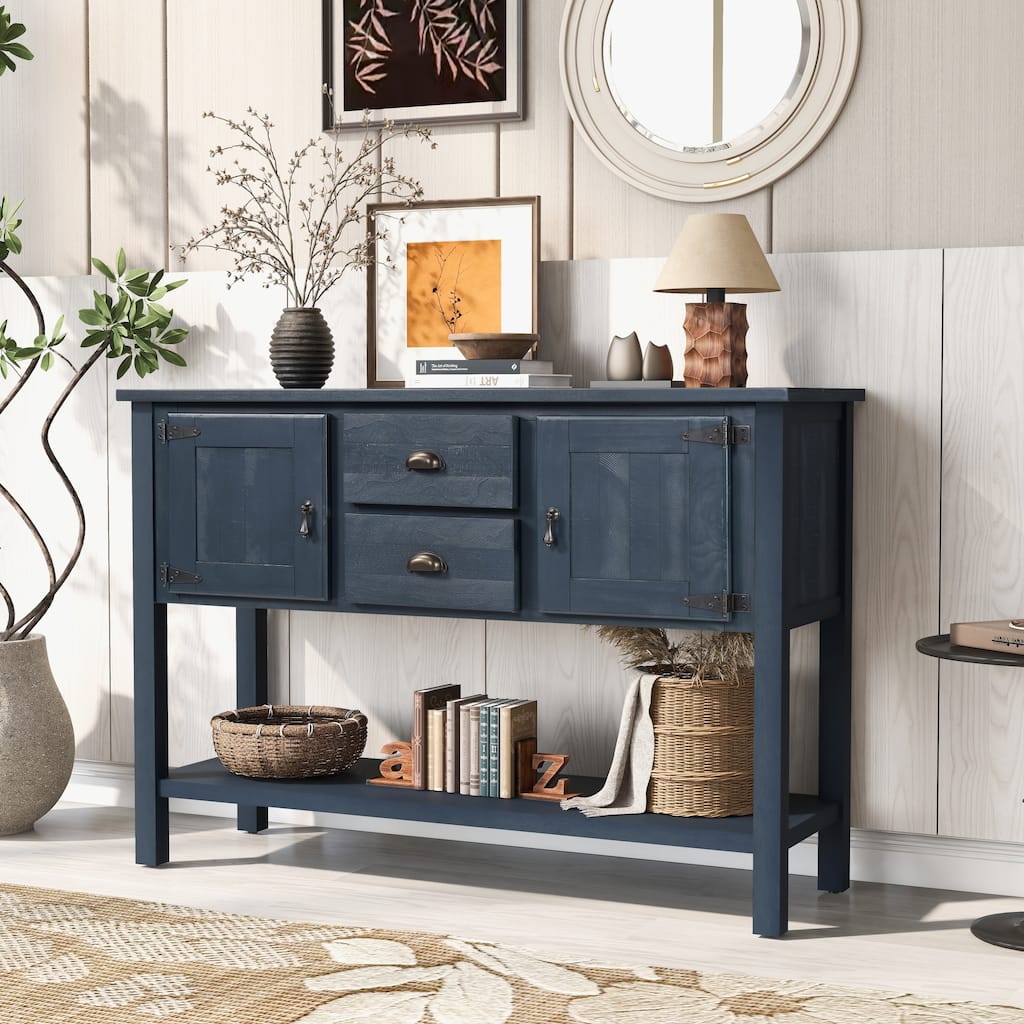 Solid Wood Sideboard Console Table, Storage Cabinet with 2 Drawers & Cabinets, Buffet Cabinet with Bottom Shelf