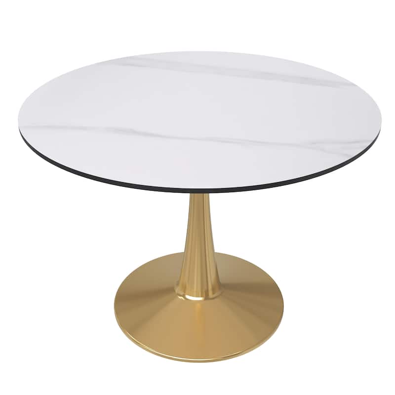 LeisureMod Round Dining Table 40" Sintered Stone Tabletop in Gold Steel Bistro Series - White