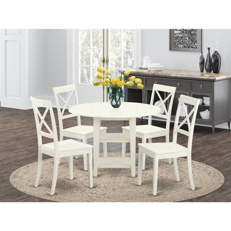 HomeStock 5-Pc Linen White Finish Solid Wood Top - Round Dining Room Set - Seats-4