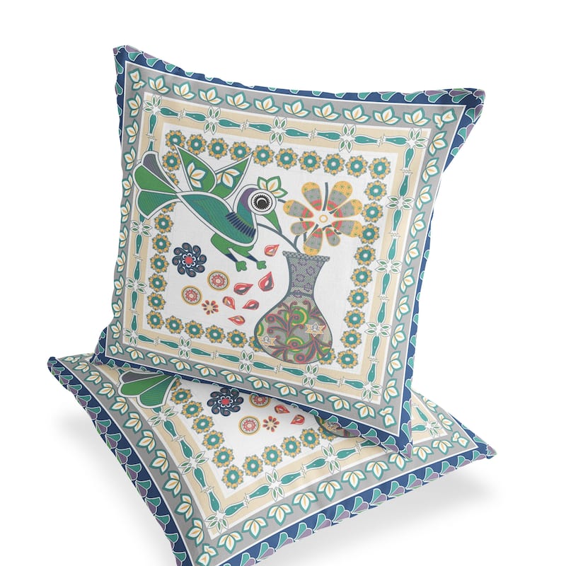HomeRoots Set of Two 16" X 16" Green and Yellow Peacock Blown Seam Floral Indoor Outdoor Throw Pillow - 16.00' X '16.00' X '5.00