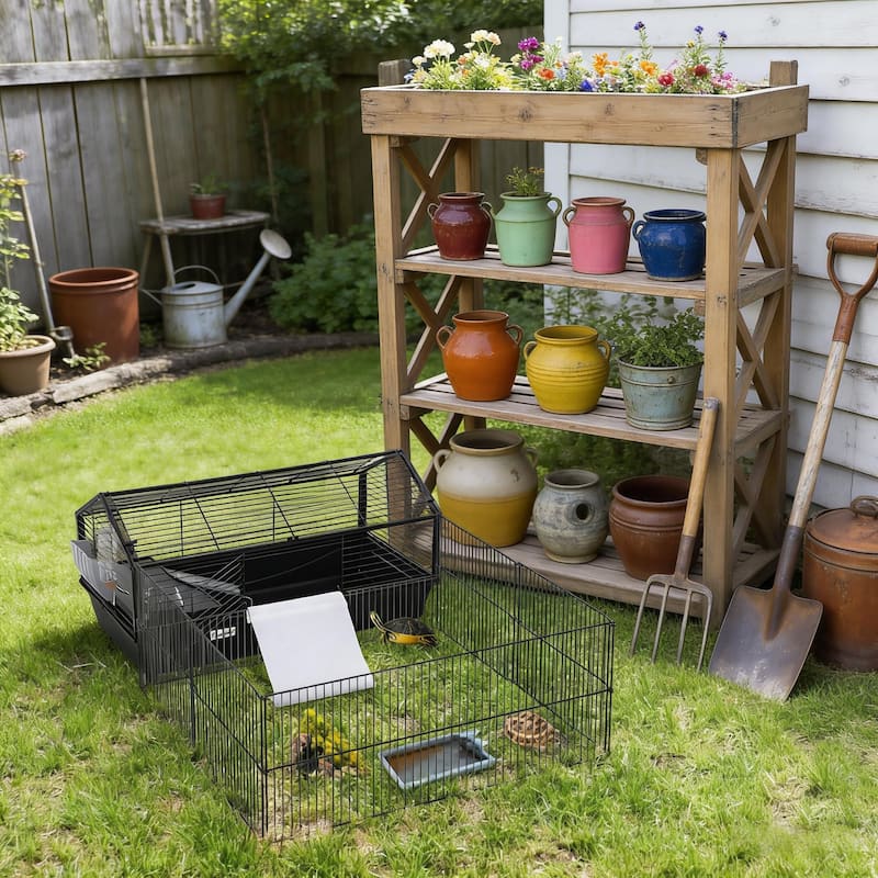 Rolling Metal Small Animal Hutch Cage,Small Pet Hutch,Spacious Pet House is designed for convenient cleaning - Black