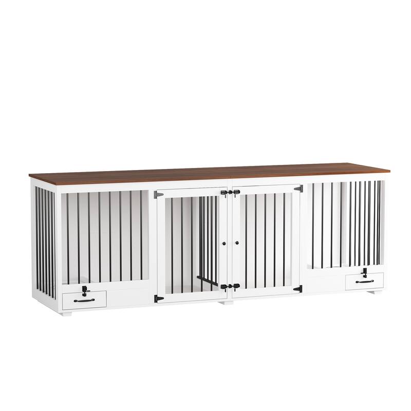 Wooden Dog Crate Furniture for 2 Large Dogs Indoor Pet Crate with Feeding Drawers Top Storage