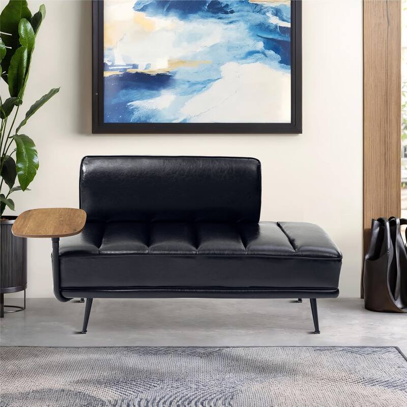 Modern minimalist bench with upholstered backrest and 360-degree swivelling side table, metal legs - Black