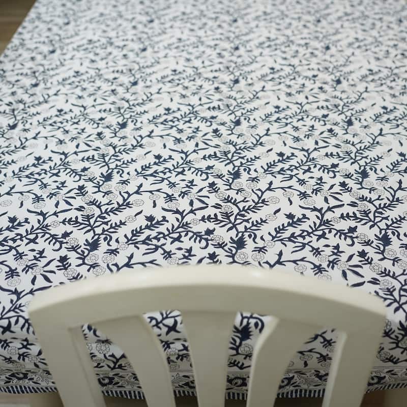 Fabdivine Floral Cotton Table Cover or Cloth Handmade Block Print for Dining & Home Décor Accent - 60"X90" - Shehjan- Dark Blue