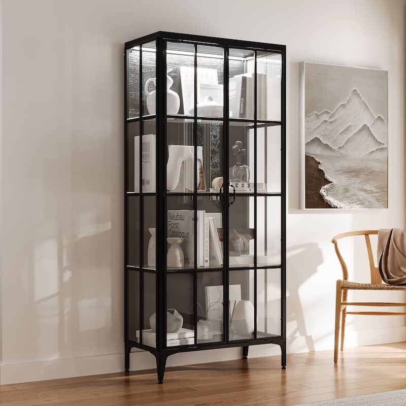 70.9"H Metal Glass Display Cabinet LED Light Bookshelves Curio Cabinet