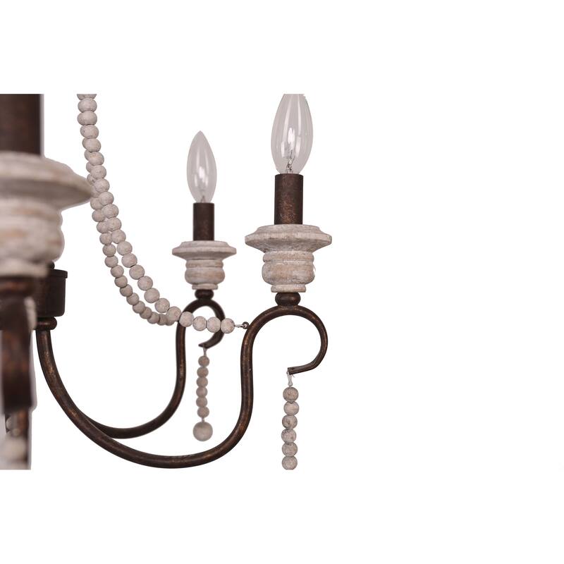 Cusp Barn Modern Farmhouse 6-Light Wood Beaded Chandelier Coastal Pendant Light French Country Candle Ceiling Light for Kitchen