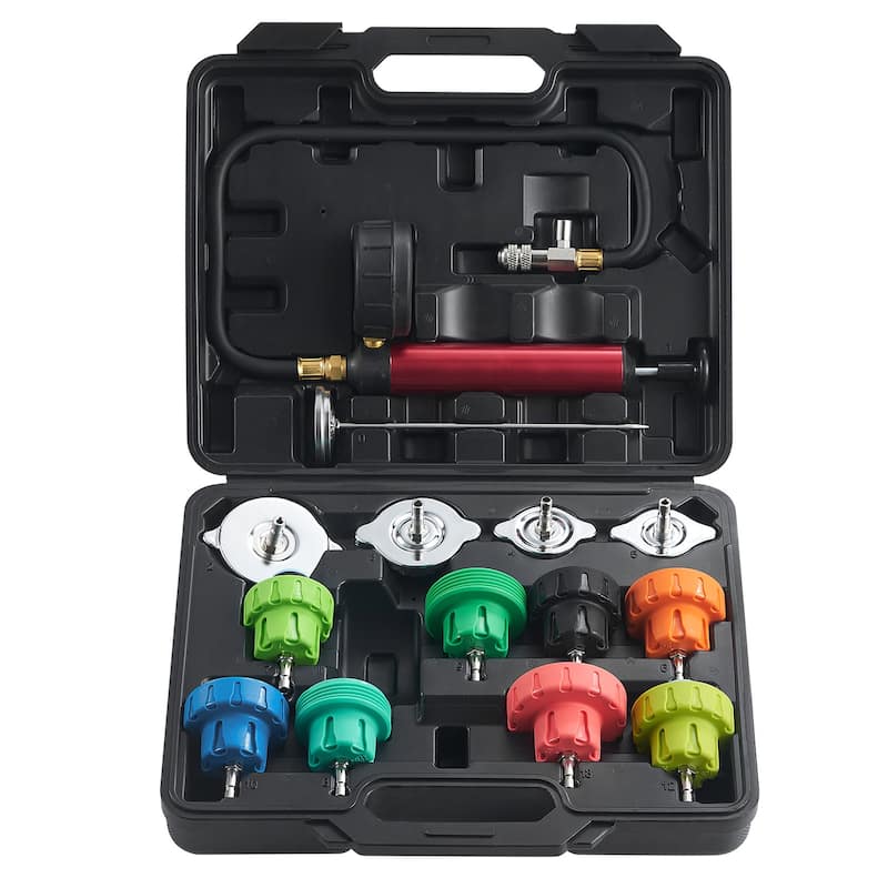Universal Radiator Pressure Tester Kit, Coolant Pressure Tester Kit with Manual Pump and Color-coded Test Caps - 14 pcs