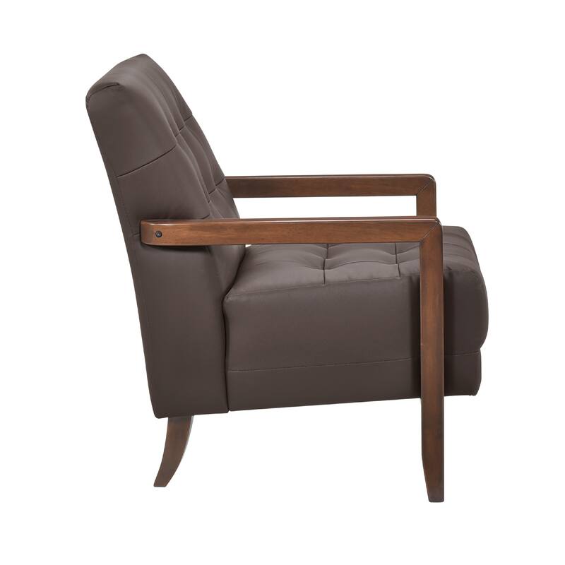 Lenie Accent Armchair, Button Tufted Dark Brown Leather, Wood Frame