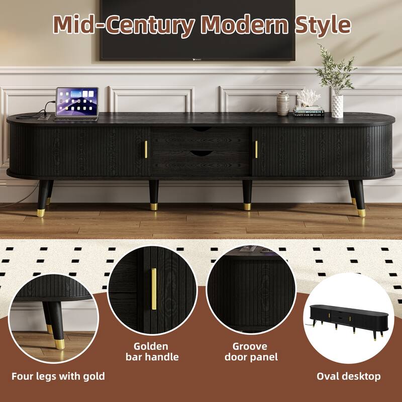 Farmhouse TV Stand & Coffee Table Set with Charging Station, Oval Fluted Media Console with Sliding Doors for TVs up to 80