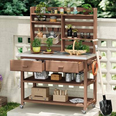 Outdoor Potting Bench Table with Lockable Wheels Solid Wood Kitchen Island and Stainless Steel Top
