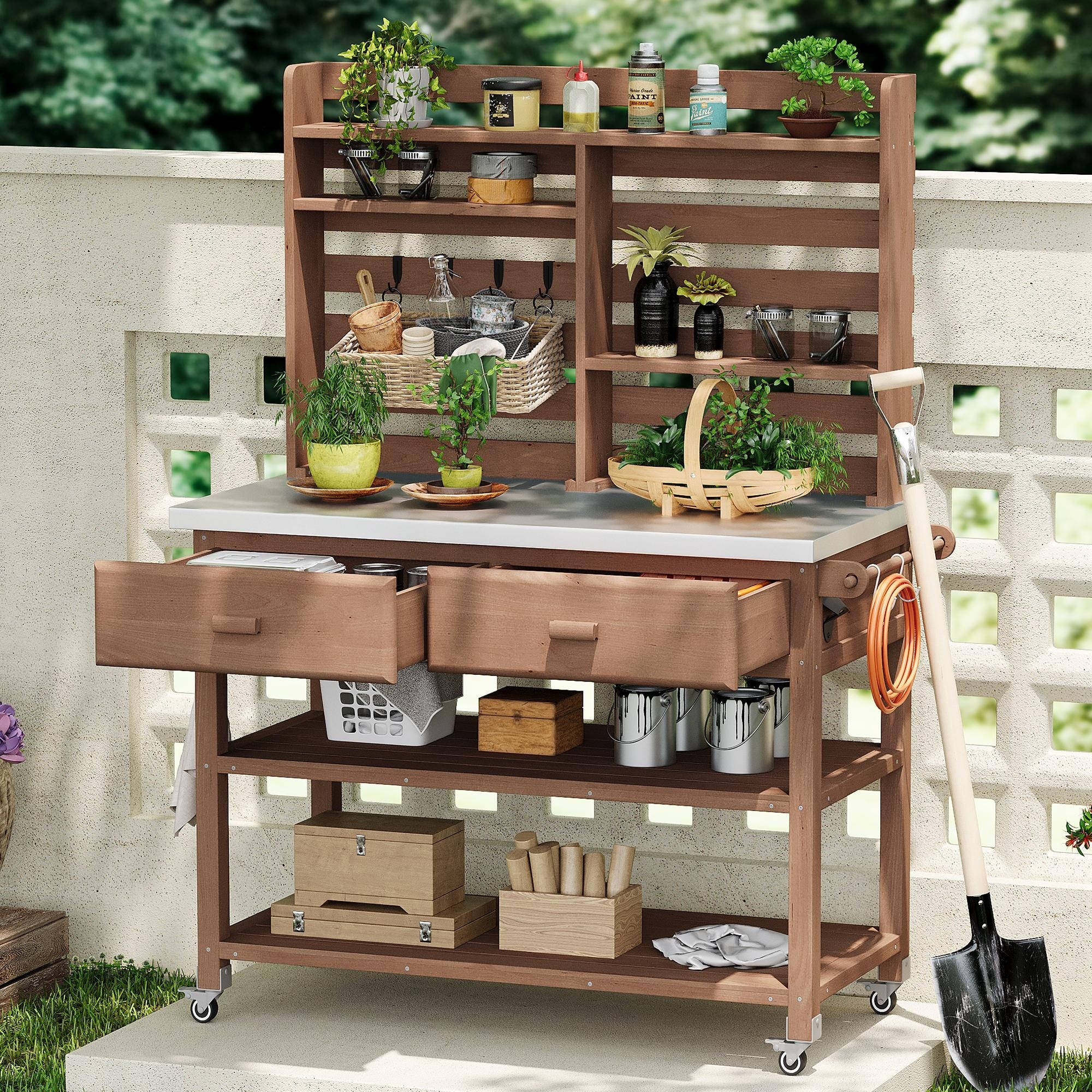 Outdoor Potting Bench Table with Lockable Wheels Solid Wood Kitchen Island and Stainless Steel Top