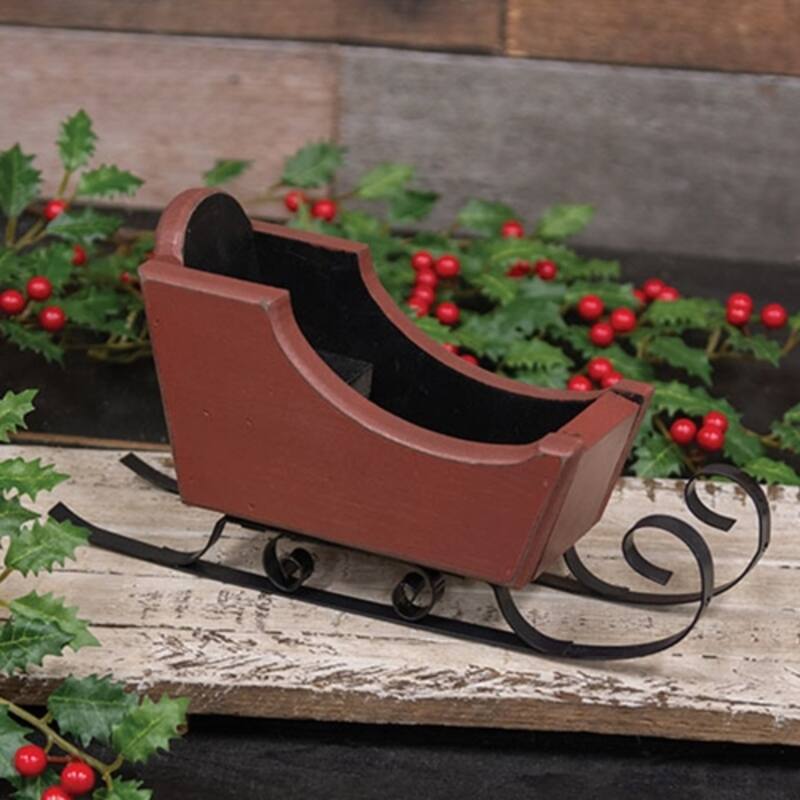 Distressed Red & Black Wooden Sleigh Vintage Christmas Decor - 9.75” x 3” x 5”