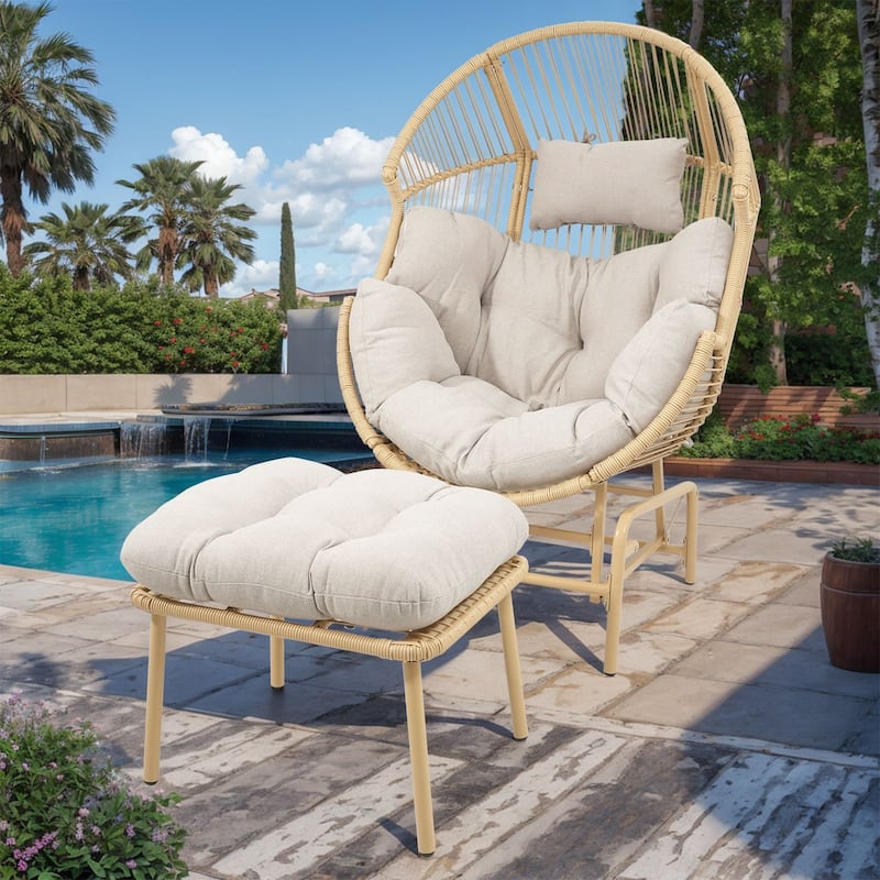 Pocassy Outdoor Egg Chair Garden Funiture - Yellow & Beigei Cushion - 2PC Single Glider Egg Chair with Ottomans