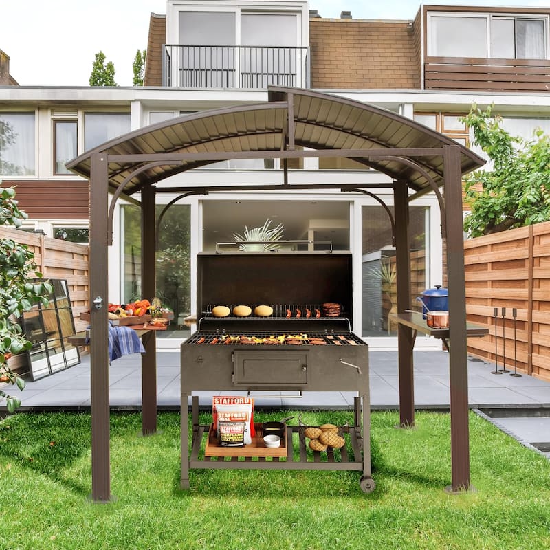 8x5FT Arc Roof,Grill Canopy for Outdoor Grill w/Double Galvanized Steel Roof and 2 Side Shelves,BBQ Gazebo Grill Tent - Brown