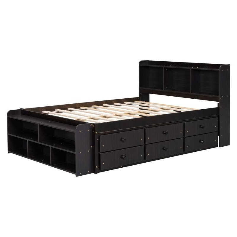 Full Size Platform Bed with Bookshelf, Drawers and Bed End Case