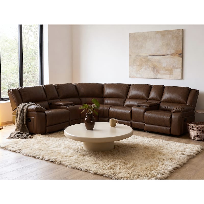 108" W Modern Contemporary Faux Leather 7 Piece Sectional Recliners - Dark Brown