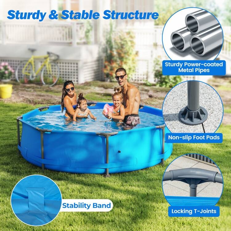 Blue-Grey PVC Metal Family Outdoor Ground Swimming Pool with Drain and Sturdy Frame