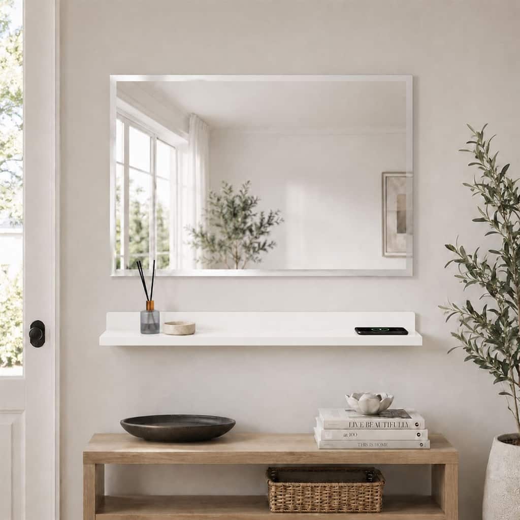 30" Wireless Charging Shelf and Frameless Mirror Set, White - 30