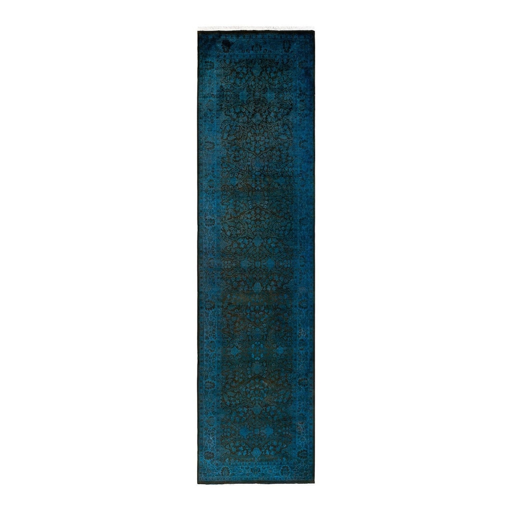 Overton Hand Knotted Wool Vintage Inspired Modern Contemporary Overdyed Blue Runner Rug - 3' 1" x 12' 5"