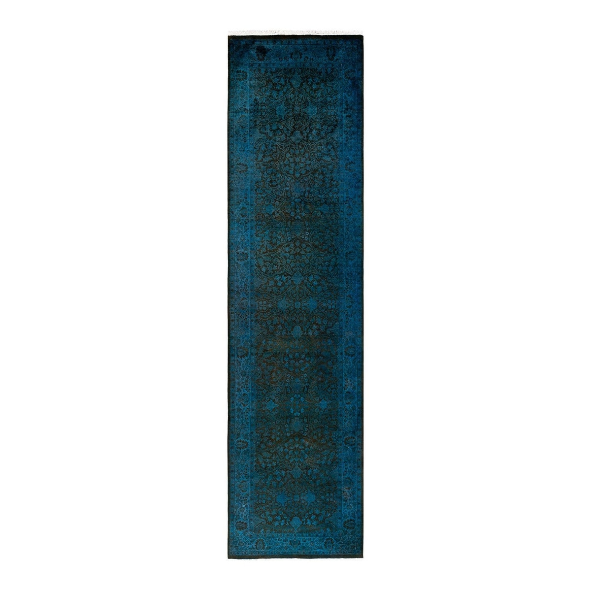 Overton Hand Knotted Wool Vintage Inspired Modern Contemporary Overdyed Blue Runner Rug - 3' 1" x 12' 5"