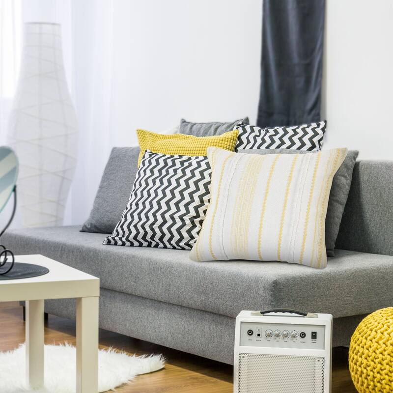 Handwoven Embroidered Striped Cotton Throw Pillow Cover - 20" - White and Yellow