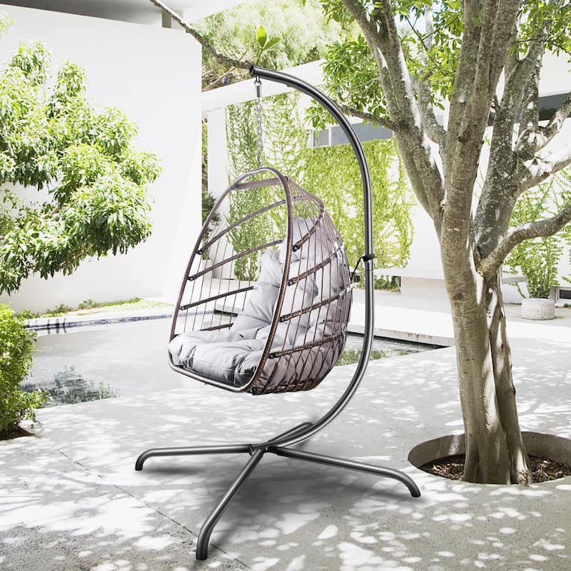 Outdoor Hanging Basket Egg Chair Swing with Stand Cushion - Beige