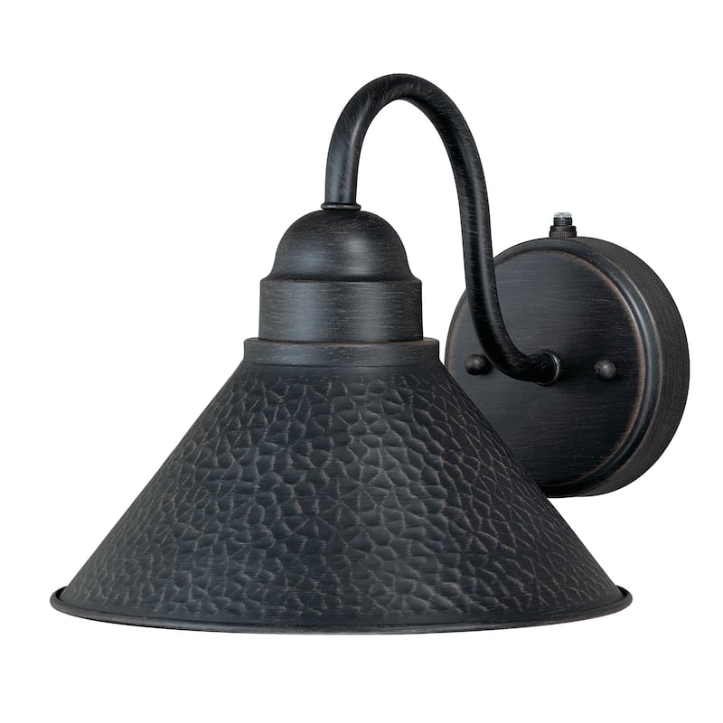 Outland 1 Light Dusk to Dawn Black Gold Farmhouse Barn Dome Outdoor Wall Lantern - 9.75-in W x 9-in H x 11.75-in D - Aged Iron and Light Gold - 10-in W x 9-in H x 11.75-in D