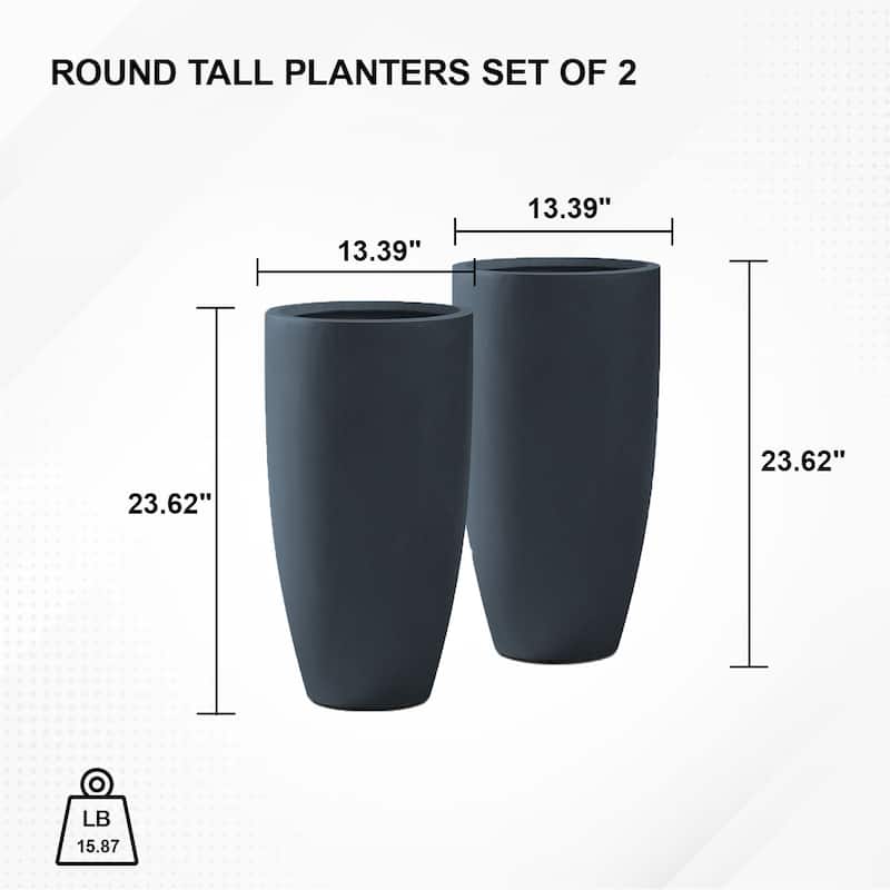 Kante 13.39 in. x 23.62 in. Round Charcoal Finish Lightweight Concrete and Fiberglass Indoor Outdoor (Set of 2)