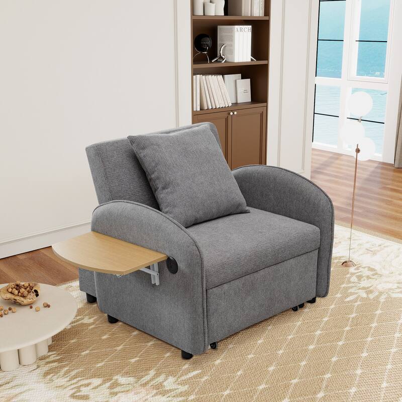 Convertible Single Chair Bed, 3 in 1 pull-out sofa bed comes with a computer board and USB ports - Gray