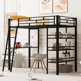 Stylish Metal Loft Bed Frame with 3 Layers of Shelves, Desk, Whiteboard, Ladder and Guardrails, Large Space Underneath