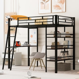 Twin Size Loft Metal Bed with 3-Layer Shelves and Desk , Stylish Frame with Whiteboard for Study and Storage